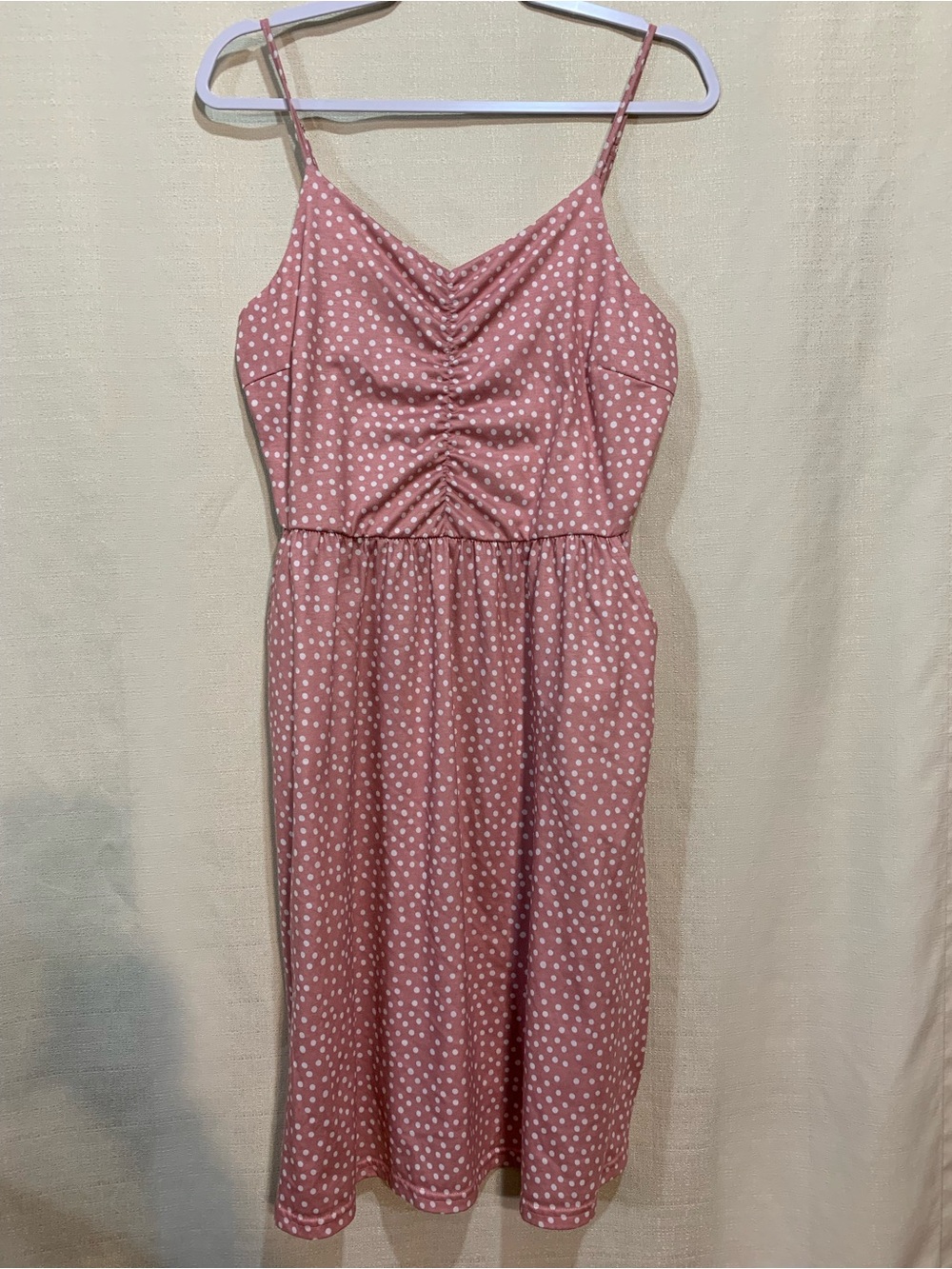 Ruched Polka Dot Midi Dress in Blush Pink a1/19